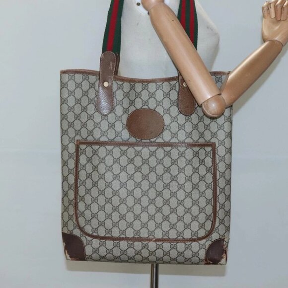 GUCCI GG Supreme Web Sherry Line Tote Bag PVC Beige 41 004 4465 Auth ti2974 - Picture 3 of 16